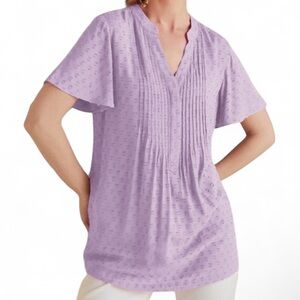 SOFT SURROUNDINGS Offshore Top Orchid Bloom Lilac Swiss Dot Pintuck SS Blouse 1X